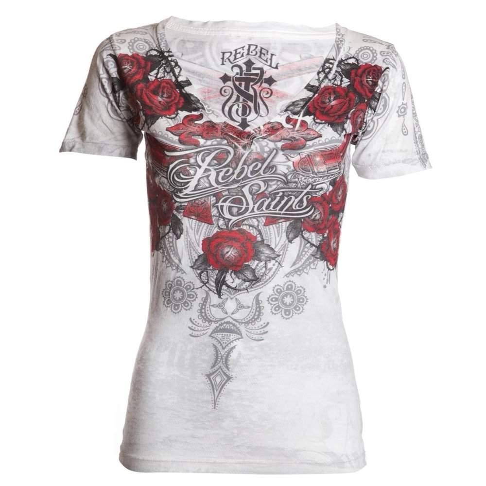 Rebel Saints AFFLICTION Womens T-Shirt SOPHIA Guns Tattoo Biker - Picture 2 of 7